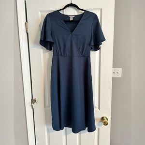 Navy Blue Knee Length Satin Dress